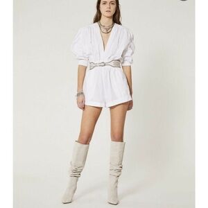 IRO White Lineasa Deep V Neck Half Puff Sleeve Cotton Romper